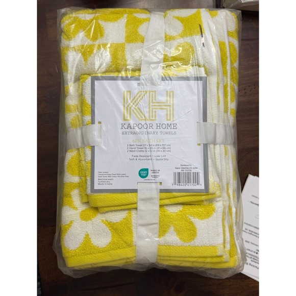 Kapoor Home 6-Piece Bath Towel Set Daisy Floral Checkered Lime Green White NEW - Picture 4 of 4